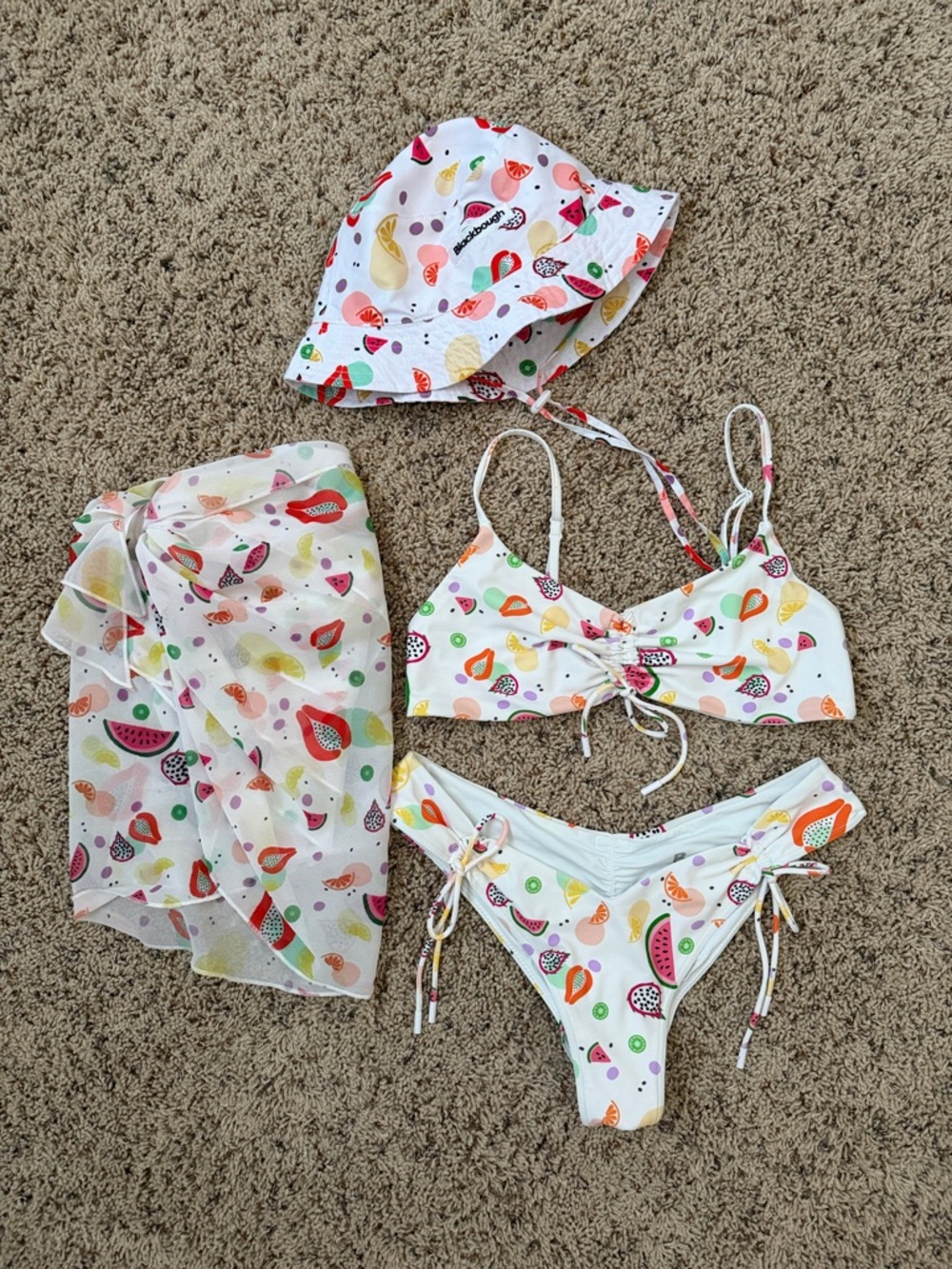 Blackbough White Fruit Print Bikini Set with Bucket Hat and Sarong